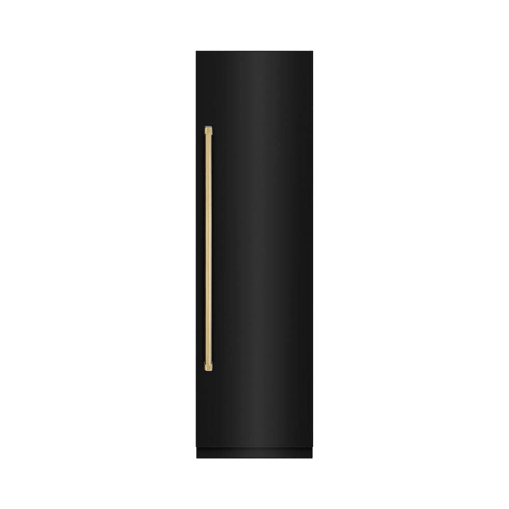 ZLINE Autograph Edition 24-inch refrigerator in black stainless steel with graphite gray interior and polished gold accents RCRVZ-BS-24-G, front view