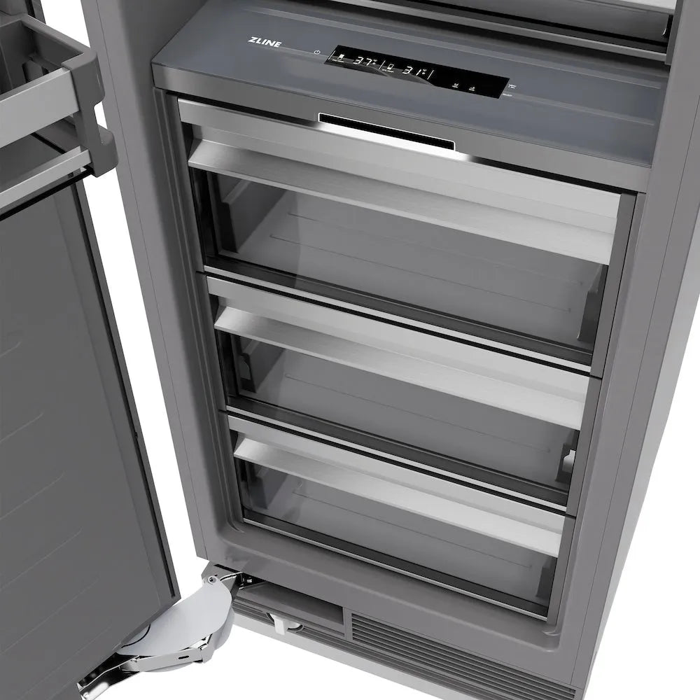ZLINE Autograph Edition 30-inch refrigerator in black stainless steel with graphite gray interior and polished gold accents RCRVZ-BS-30-G, detail