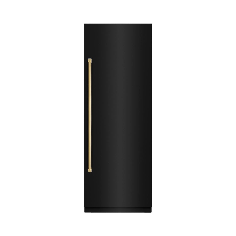 ZLINE Autograph Edition 30-inch refrigerator in black stainless steel with graphite gray interior and polished gold accents RCRVZ-BS-30-G, front view