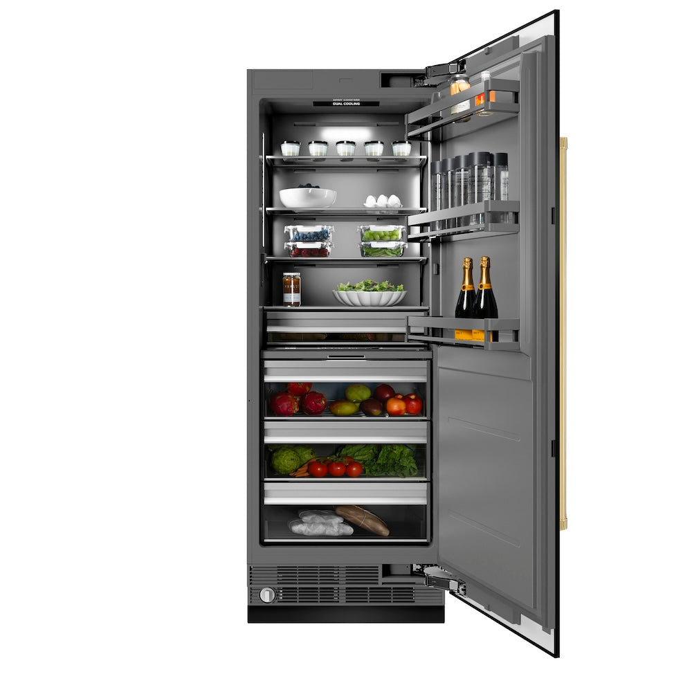 ZLINE Autograph Edition 30-inch refrigerator in black stainless steel with graphite gray interior and polished gold accents RCRVZ-BS-30-G, front view