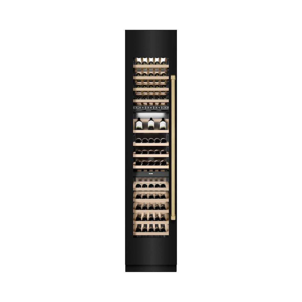 ZLINE Autograph Edition 18-inch wine cooler in black stainless steel with graphite gray interior and champagne bronze accents RCWVLZ-BS-18-CB, front view