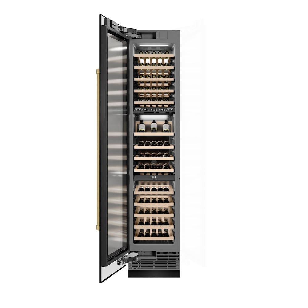 ZLINE Autograph Edition 18-inch wine cooler in black stainless steel with graphite gray interior and champagne bronze accents RCWVLZ-BS-18-CB, front view
