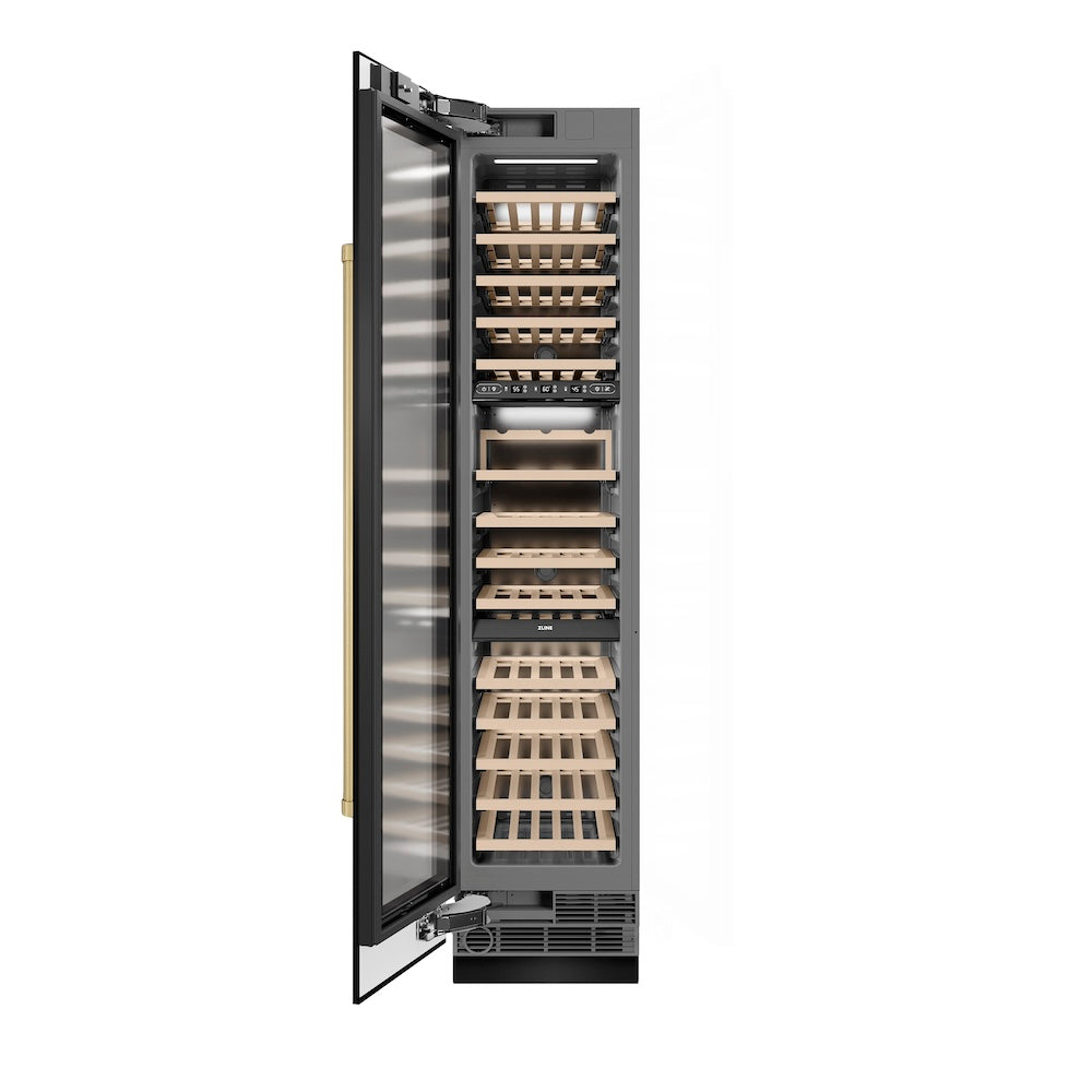 ZLINE Autograph Edition 18-inch wine cooler in black stainless steel with graphite gray interior and champagne bronze accents RCWVLZ-BS-18-CB, front view