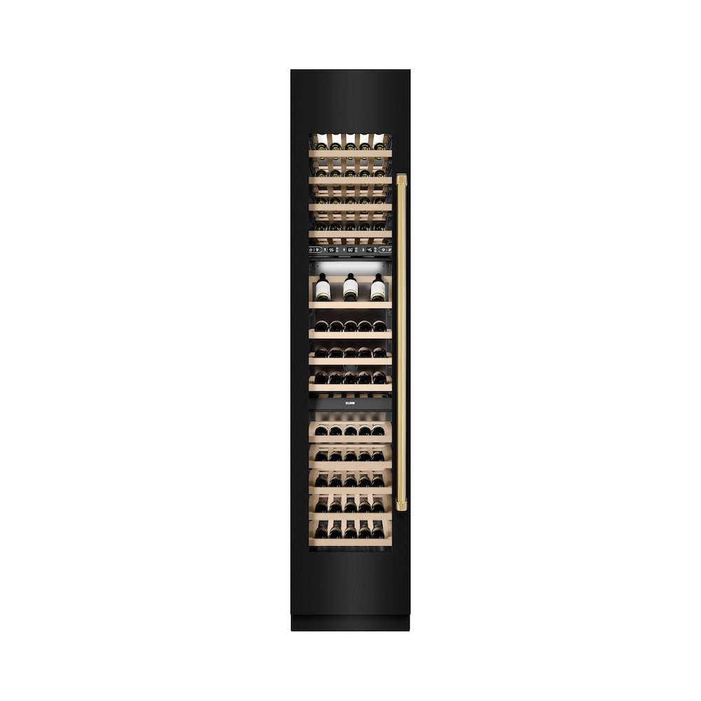ZLINE Autograph Edition 18-inch wine cooler in black stainless steel with graphite gray interior and polished gold accents RCWVLZ-BS-18-G, front view