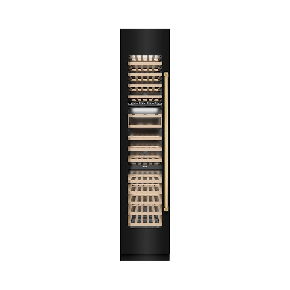 ZLINE Autograph Edition 18-inch wine cooler in black stainless steel with graphite gray interior and polished gold accents RCWVLZ-BS-18-G, front view