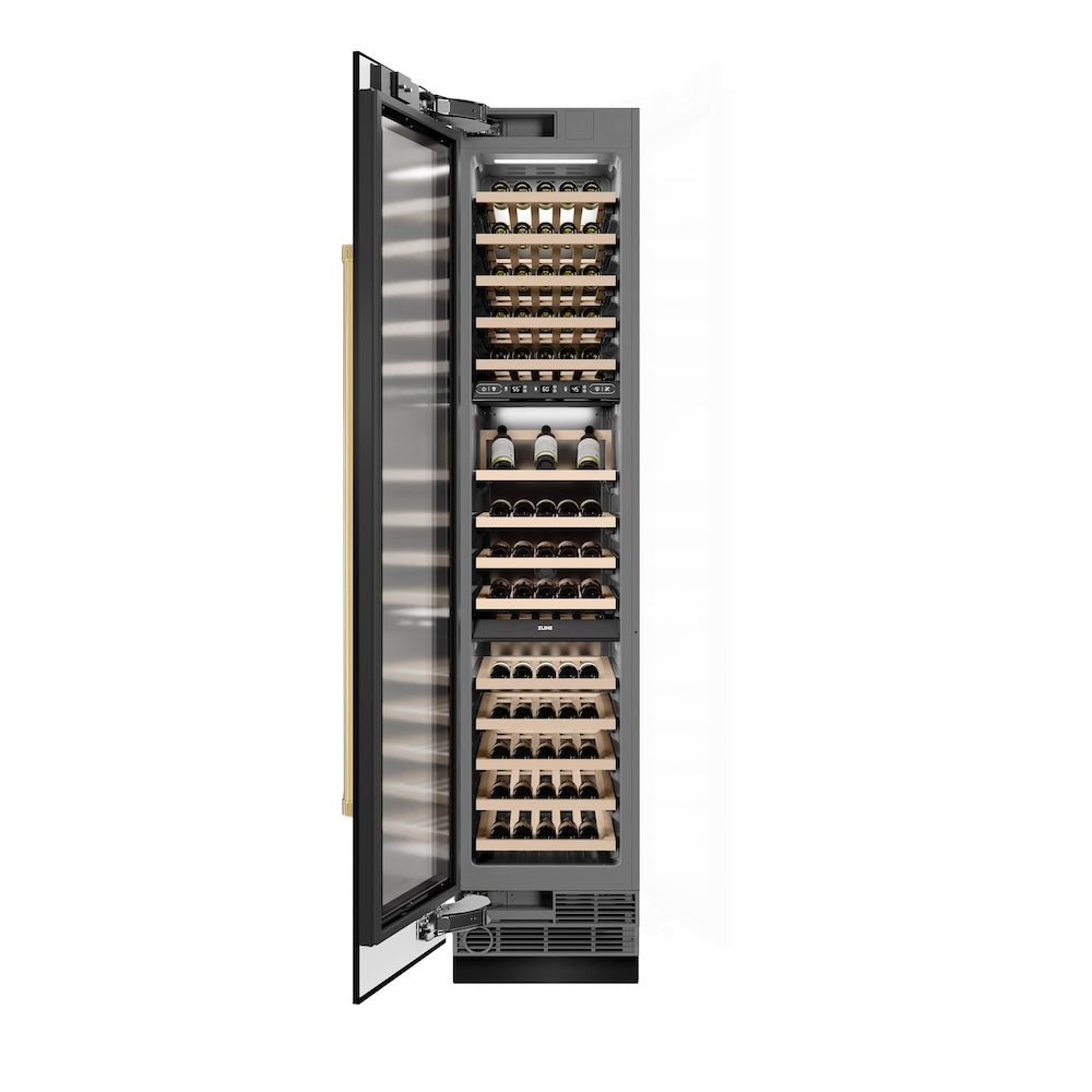 ZLINE Autograph Edition 18-inch wine cooler in black stainless steel with graphite gray interior and polished gold accents RCWVLZ-BS-18-G, front view