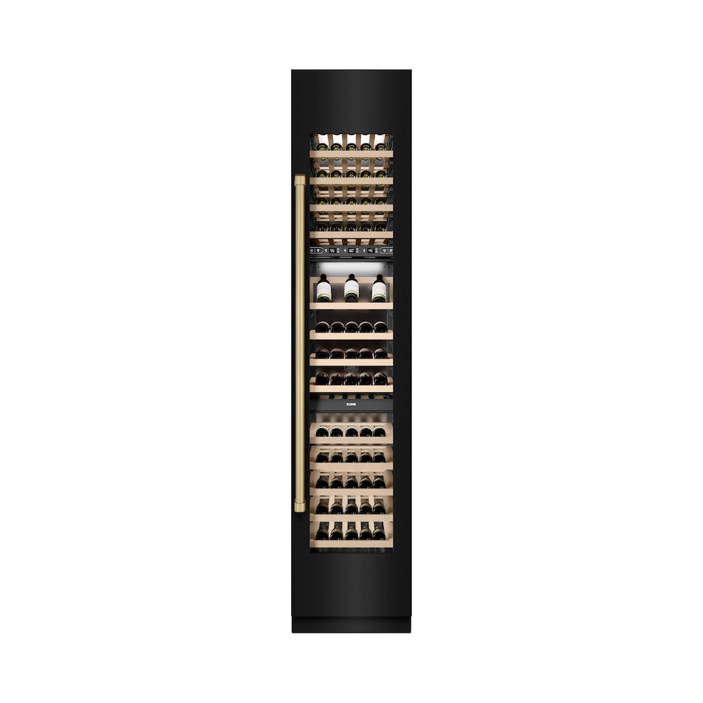 ZLINE Autograph Edition 18-inch wine cooler in black stainless steel with graphite gray interior and champagne bronze accents RCWVRZ-BS-18-CB, front view