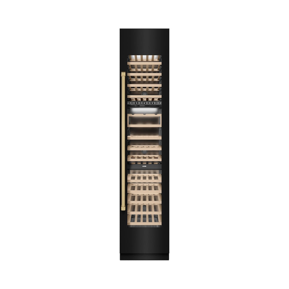ZLINE Autograph Edition 18-inch wine cooler in black stainless steel with graphite gray interior and champagne bronze accents RCWVRZ-BS-18-CB, front view