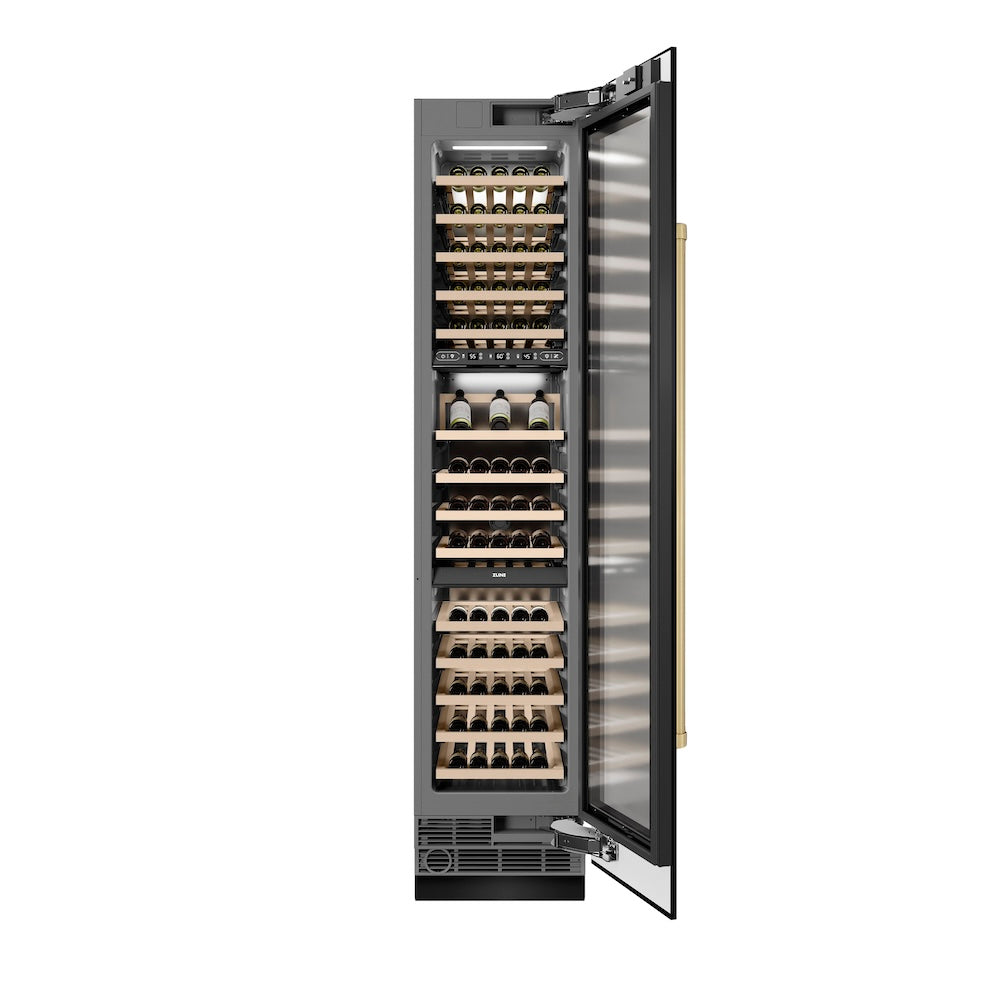 ZLINE Autograph Edition 18-inch wine cooler in black stainless steel with graphite gray interior and champagne bronze accents RCWVRZ-BS-18-CB, front view