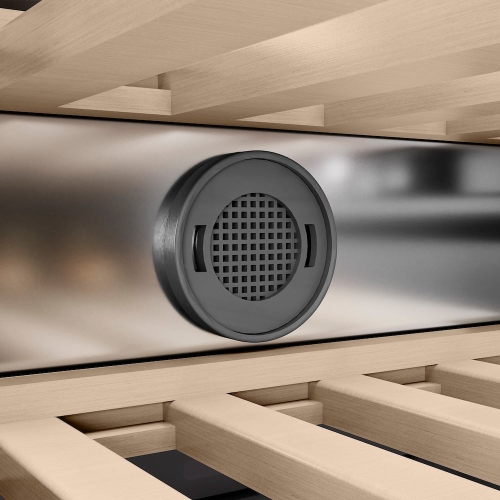 ZLINE Autograph Edition 18-inch wine cooler in black stainless steel with graphite gray interior and polished gold accents RCWVRZ-BS-18-G, detail