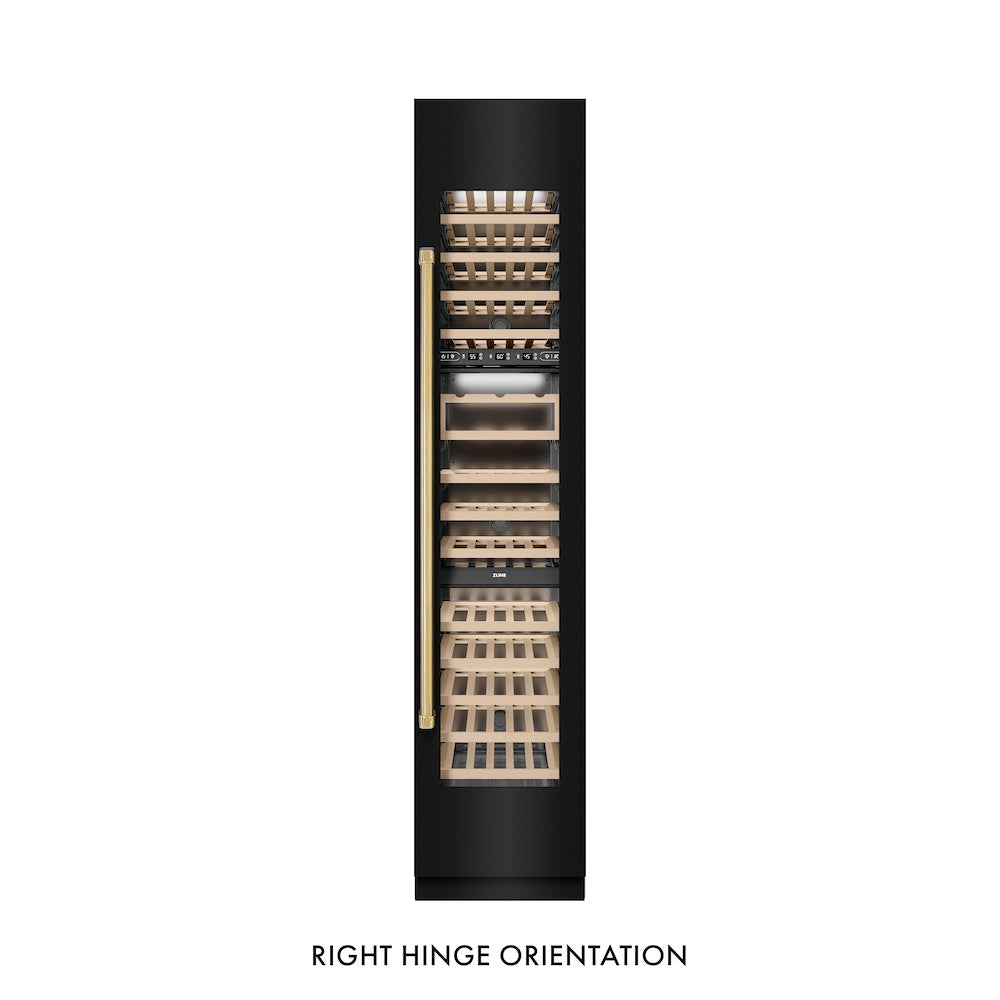 ZLINE Autograph Edition 18-inch wine cooler in black stainless steel with graphite gray interior and polished gold accents RCWVRZ-BS-18-G