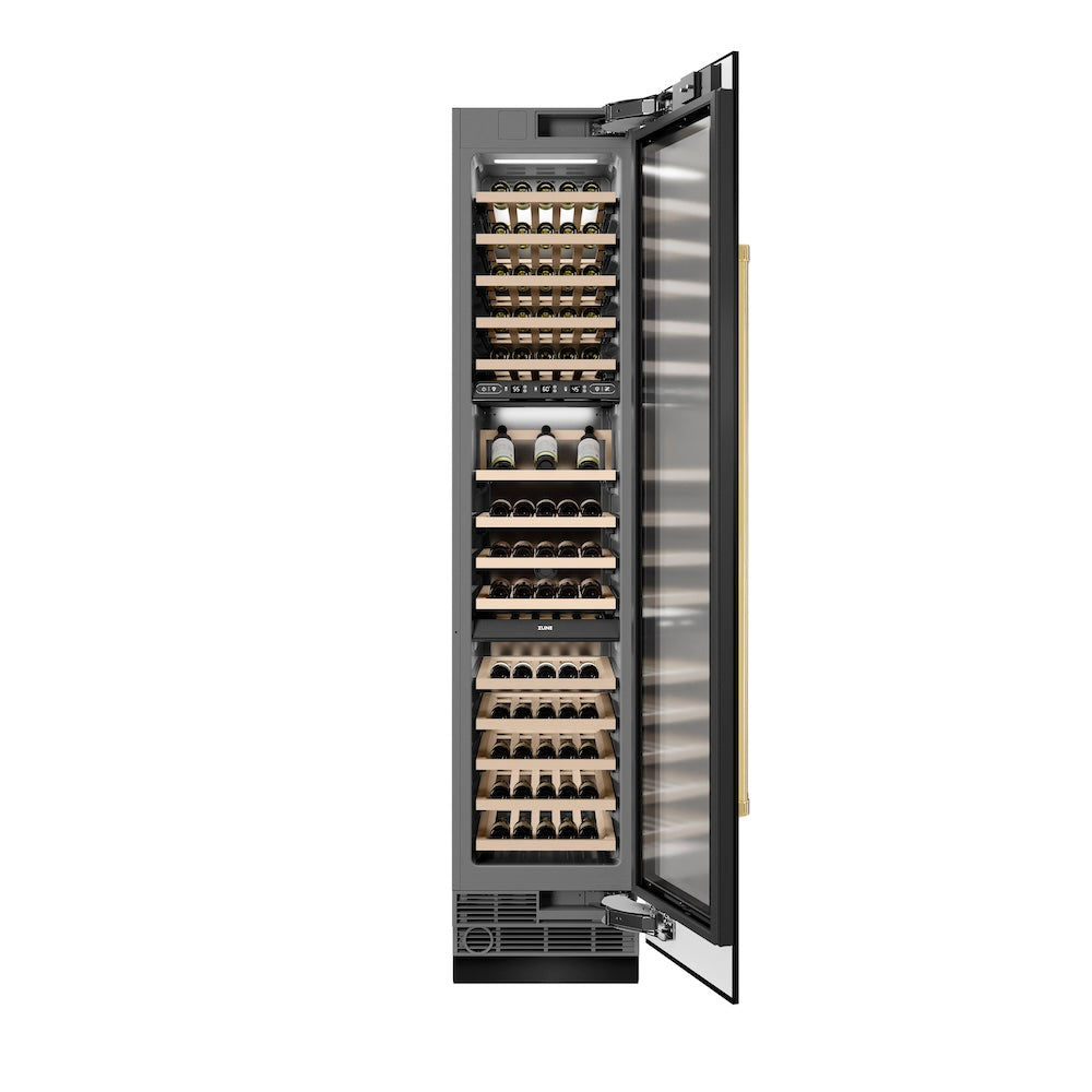 ZLINE Autograph Edition 18-inch wine cooler in black stainless steel with graphite gray interior and polished gold accents RCWVRZ-BS-18-G, front view