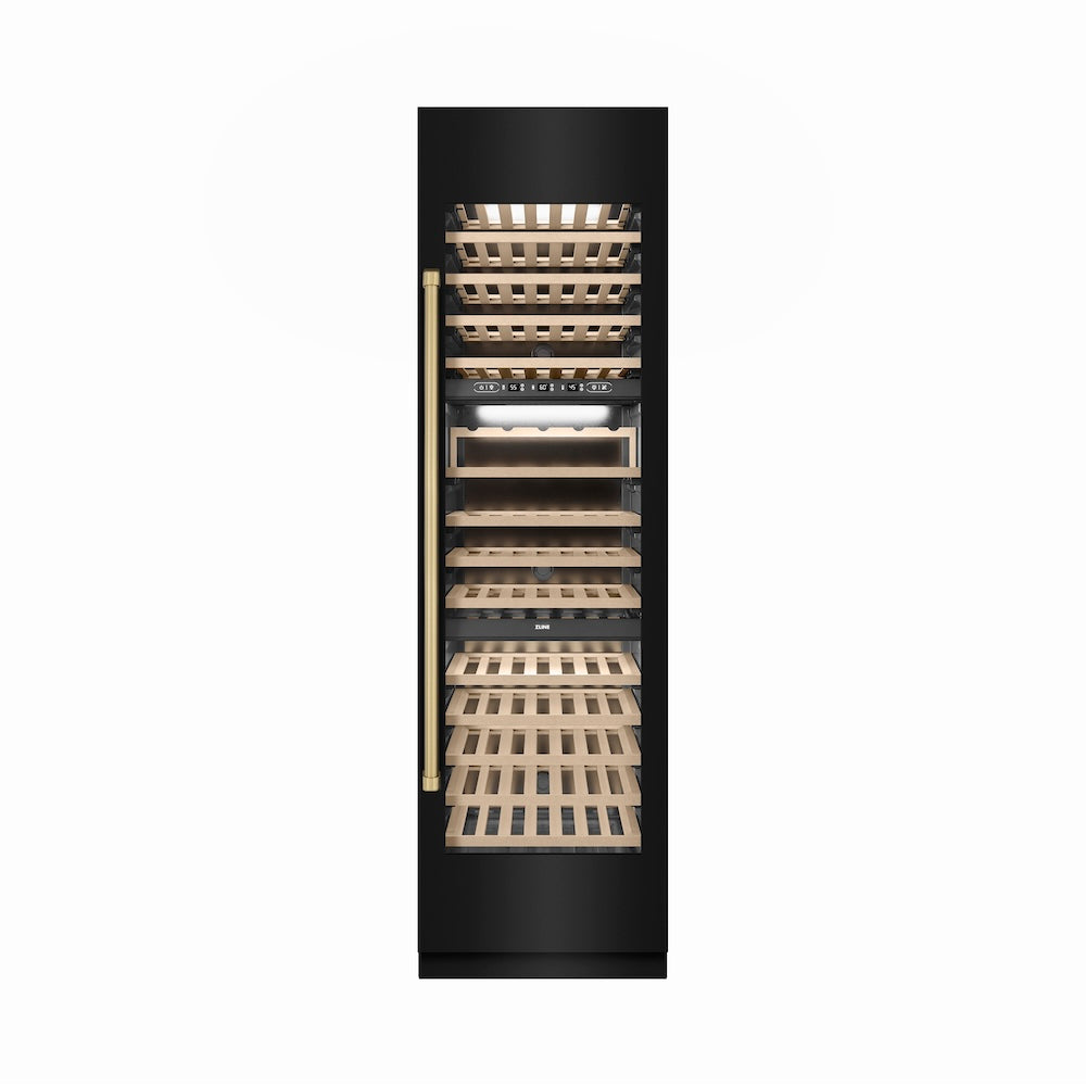 ZLINE Autograph Edition 24-inch wine cooler in black stainless steel with graphite gray interior and champagne bronze accents RCWVZ-BS-24-CB