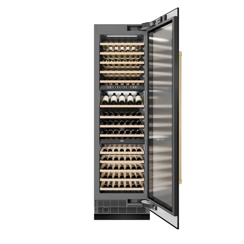 ZLINE Autograph Edition 24-inch wine cooler in black stainless steel with graphite gray interior and champagne bronze accents RCWVZ-BS-24-CB, front view