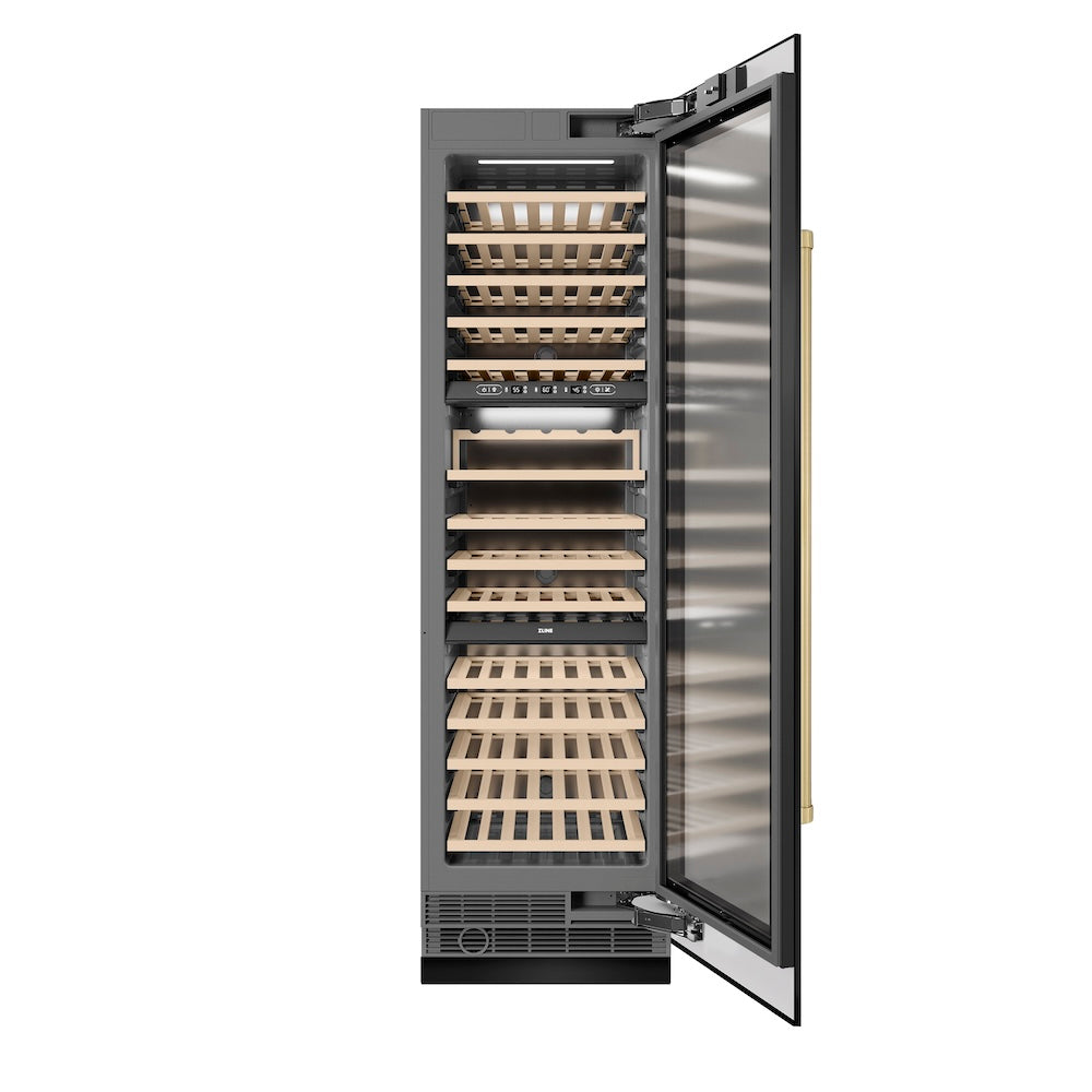 ZLINE Autograph Edition 24-inch wine cooler in black stainless steel with graphite gray interior and champagne bronze accents RCWVZ-BS-24-CB, front view