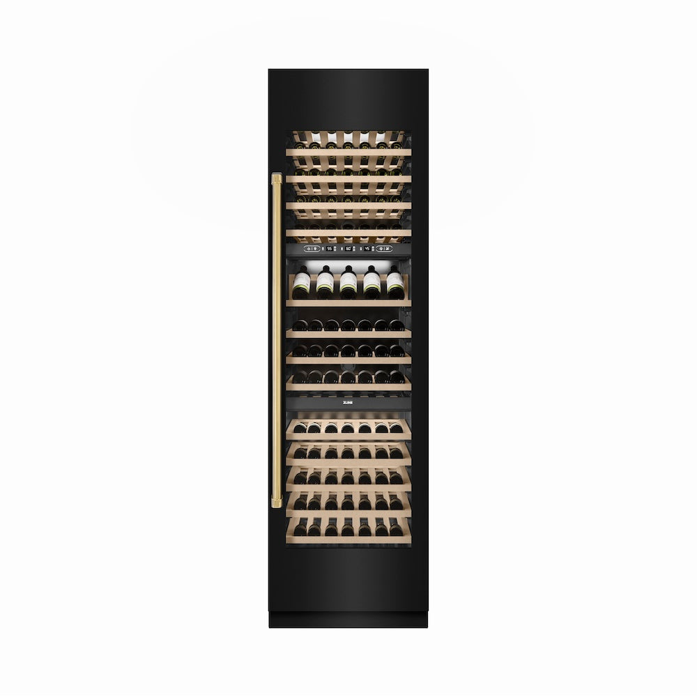 ZLINE Autograph Edition 24-inch wine cooler in black stainless steel with graphite gray interior and polished gold accents RCWVZ-BS-24-G, front view