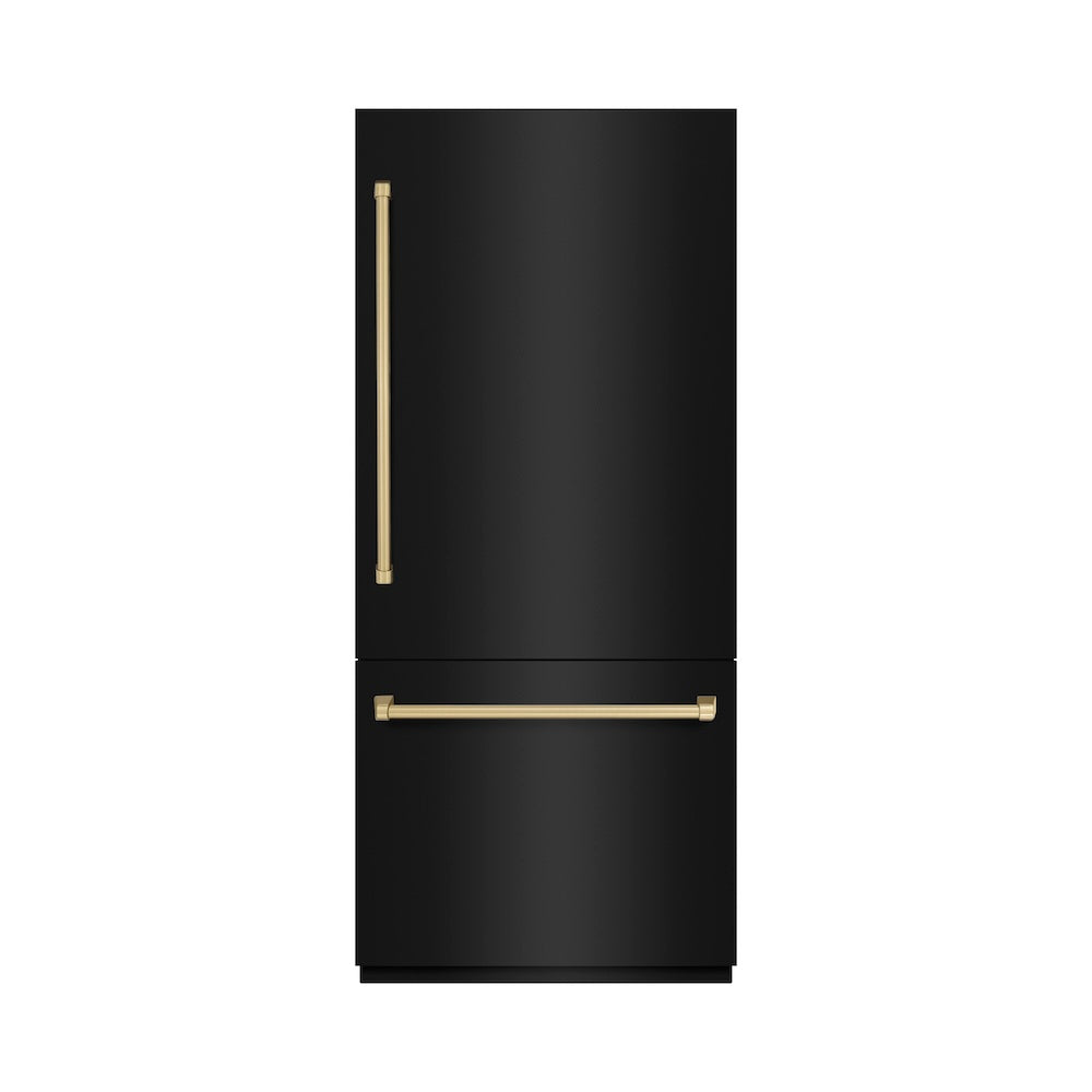 ZLINE Autograph Edition 36-inch refrigerator in black stainless steel with graphite gray interior and champagne bronze accents GRBITZ-BS-36-CB, front view