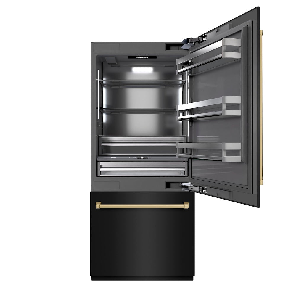 ZLINE Autograph Edition 36-inch refrigerator in black stainless steel with graphite gray interior and champagne bronze accents GRBITZ-BS-36-CB