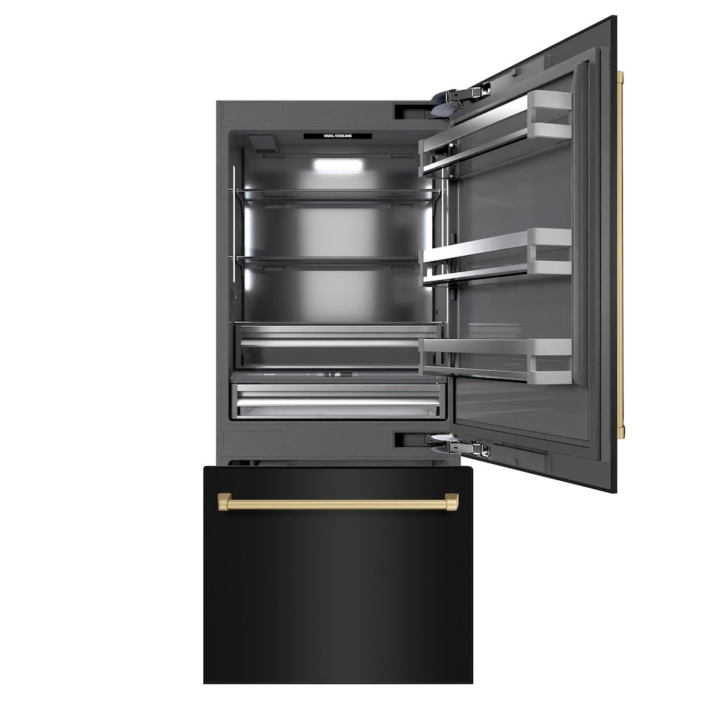 ZLINE Autograph Edition 36-inch refrigerator in black stainless steel with graphite gray interior and champagne bronze accents GRBITZ-BS-36-CB, front view