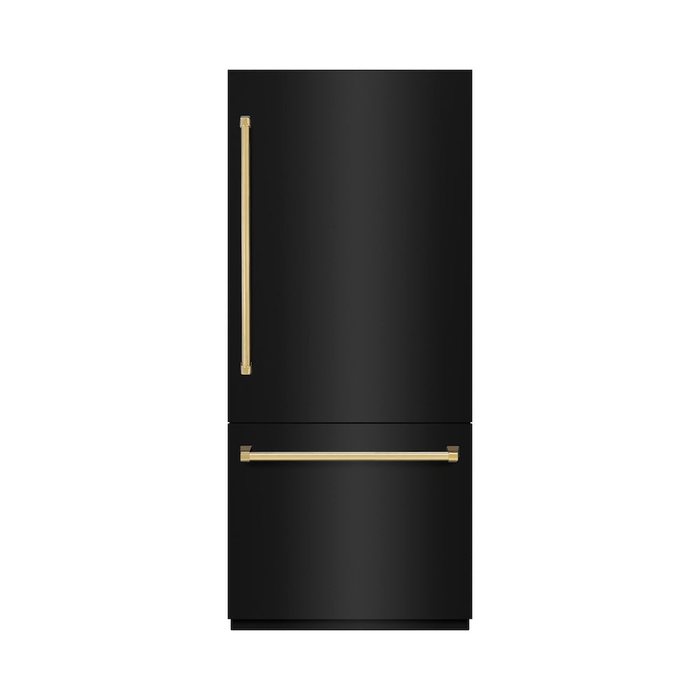 ZLINE Autograph Edition 36-inch refrigerator in black stainless steel with graphite gray interior and polished gold accents GRBITZ-BS-36-G, front view