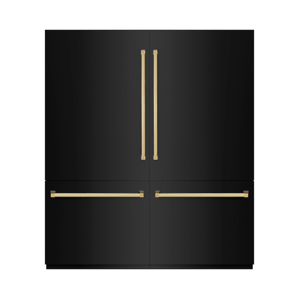 ZLINE Autograph Edition 72-inch refrigerator in black stainless steel with graphite gray interior and polished gold accents GRBITZ-BS-72-G, front view