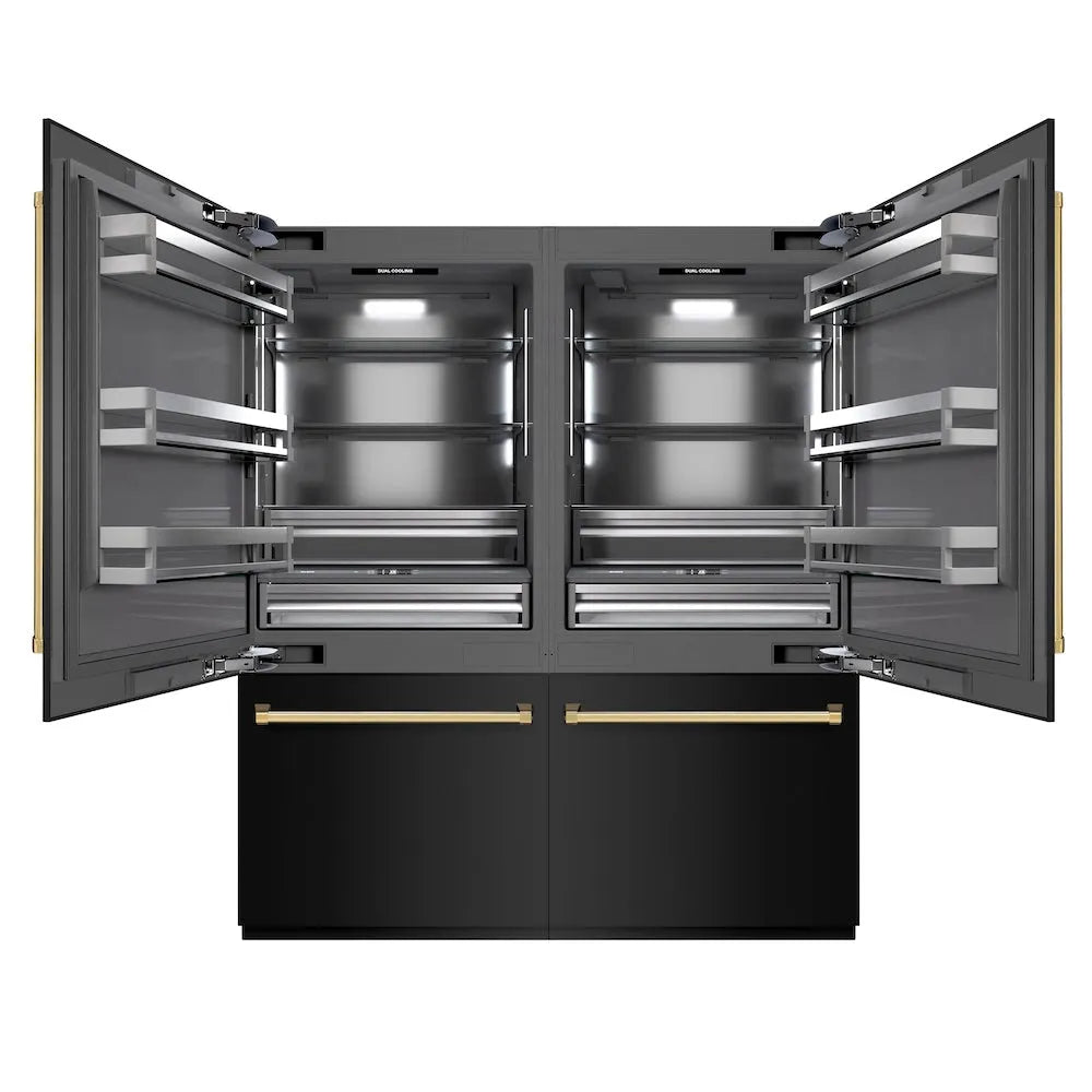 ZLINE Autograph Edition 72-inch refrigerator in black stainless steel with graphite gray interior and polished gold accents GRBITZ-BS-72-G