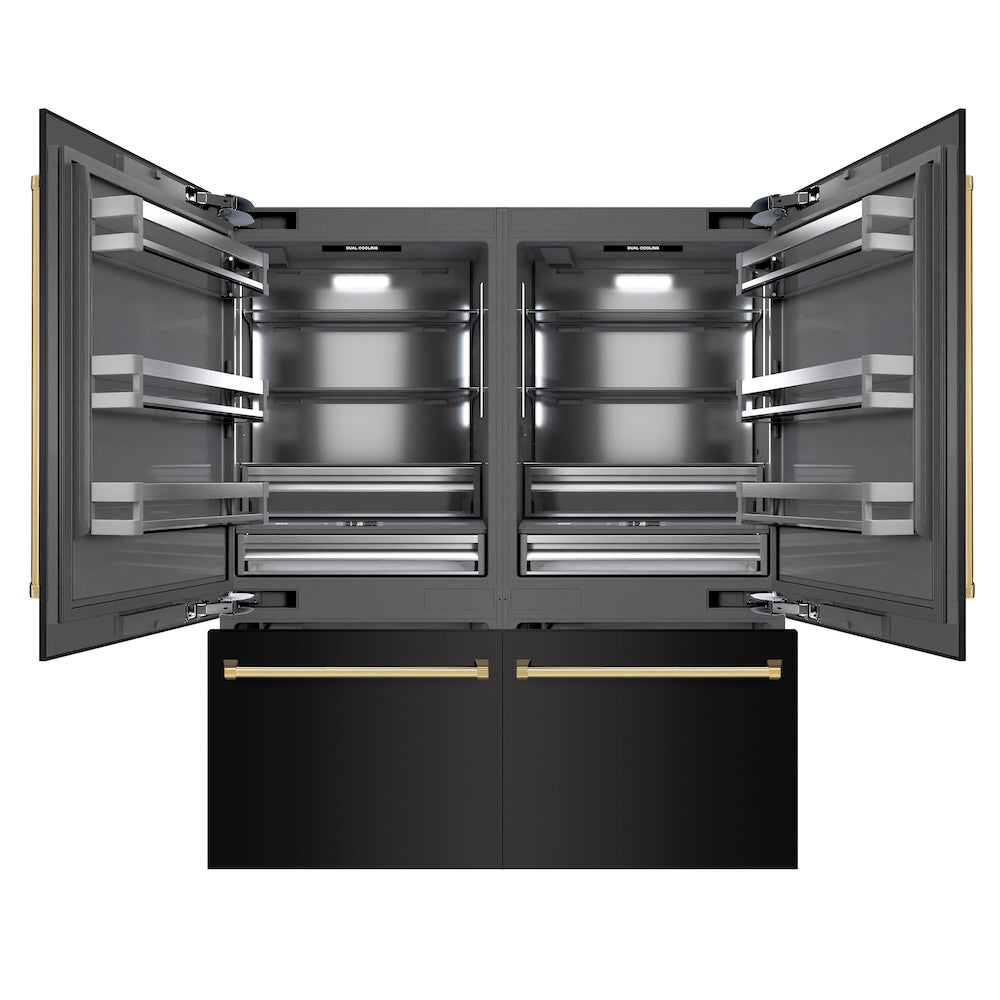 ZLINE Autograph Edition 72-inch refrigerator in black stainless steel with graphite gray interior and polished gold accents GRBITZ-BS-72-G, front view