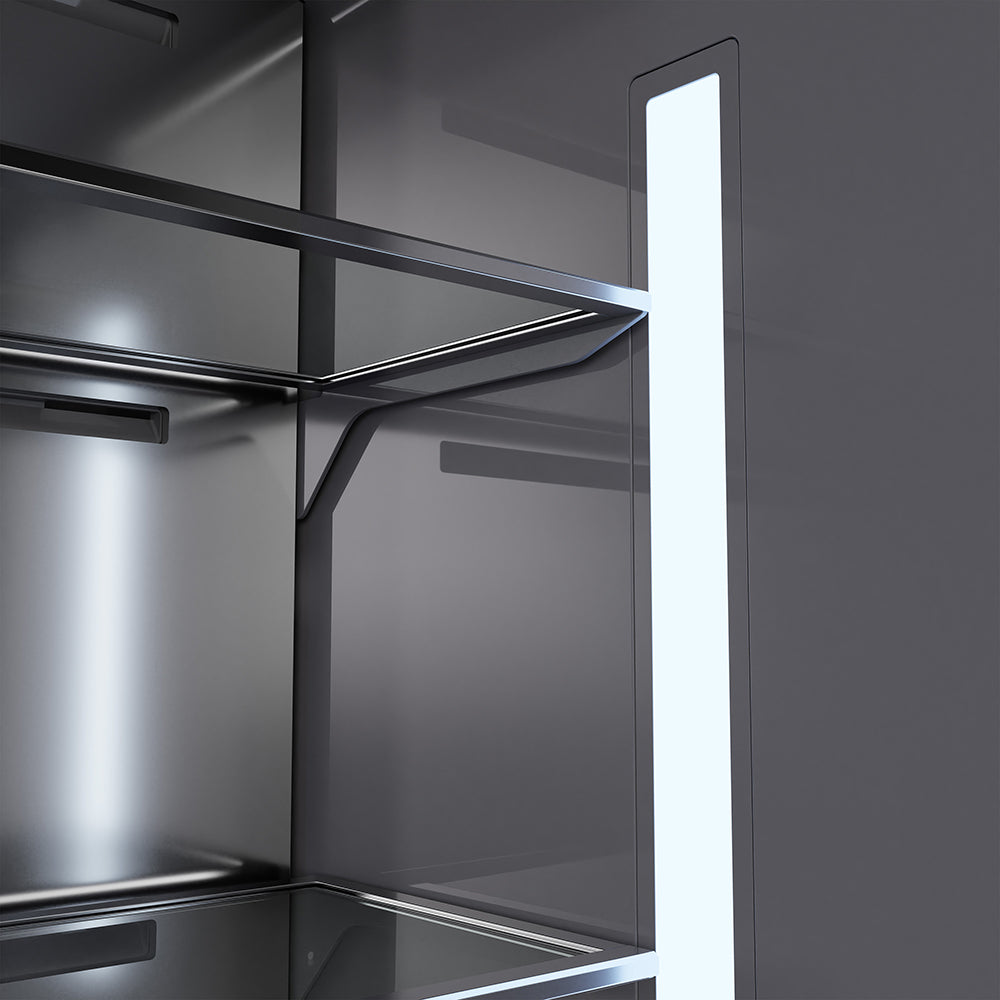 ZLINE Autograph Edition 36-inch refrigerator in black stainless steel with graphite gray interior and champagne bronze accents GRBITZ-BS36-KCB, view 6