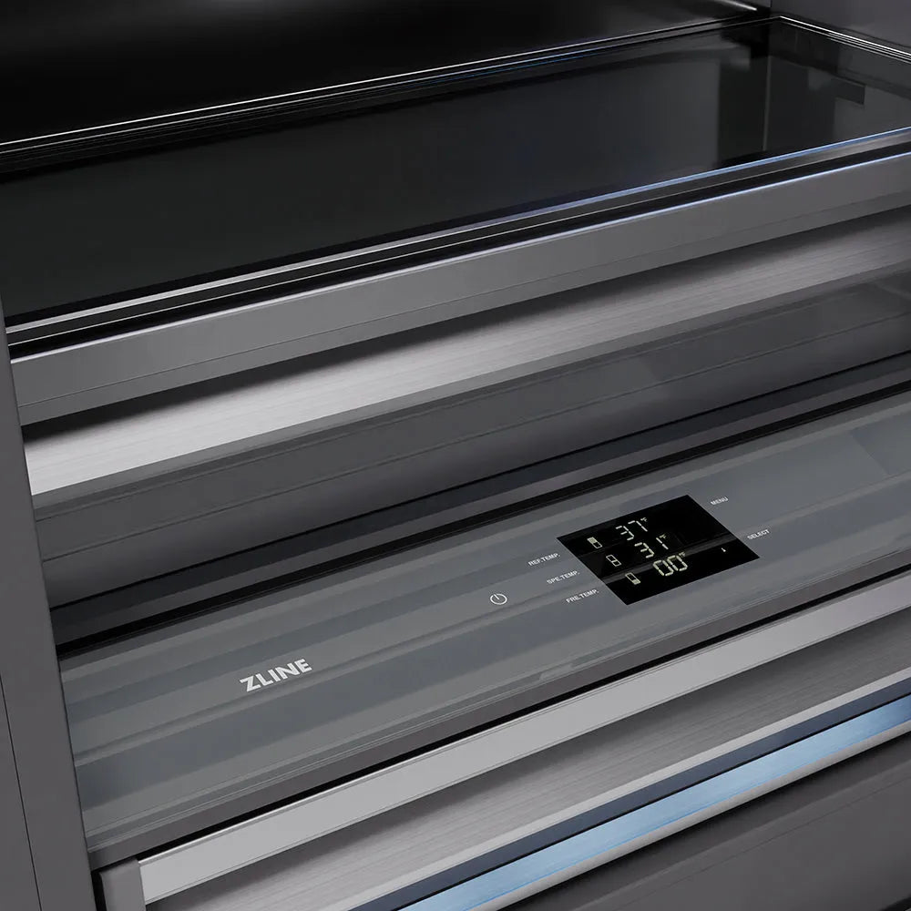 ZLINE Autograph Edition 36-inch refrigerator in black stainless steel with graphite gray interior and champagne bronze accents GRBITZ-BS36-KCB, detail