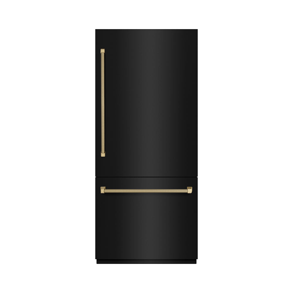 ZLINE Autograph Edition 36-inch refrigerator in black stainless steel with graphite gray interior and champagne bronze accents GRBITZ-BS36-KCB, front view