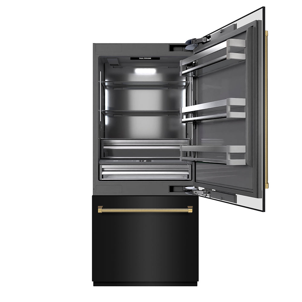 ZLINE Autograph Edition 36-inch refrigerator in black stainless steel with graphite gray interior and polished gold accents GRBITZ-BS36-KG
