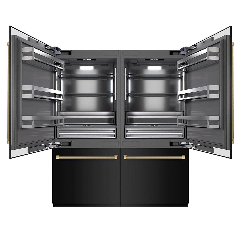 ZLINE Autograph Edition 72-inch refrigerator in black stainless steel with graphite gray interior and champagne bronze accents GRBITZ-BS72-KCB, front view