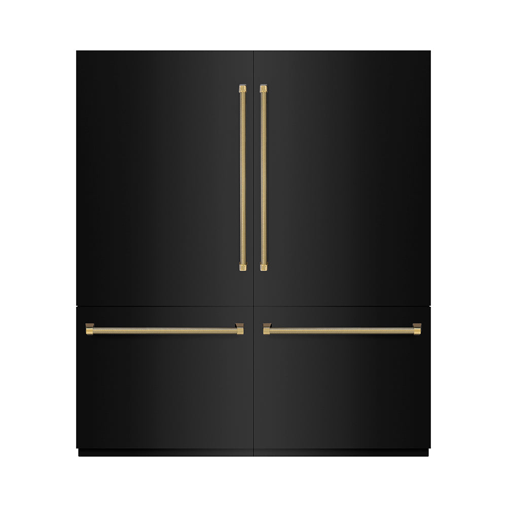 ZLINE Autograph Edition 72-inch refrigerator in black stainless steel with graphite gray interior and polished gold accents GRBITZ-BS72-KG, front view