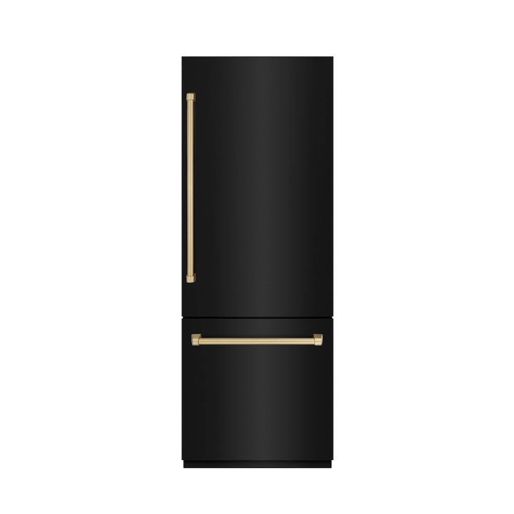 ZLINE Autograph Edition 30-inch refrigerator in black stainless steel with graphite gray interior and champagne bronze accents GRBIVZ-BS-30-CB, front view