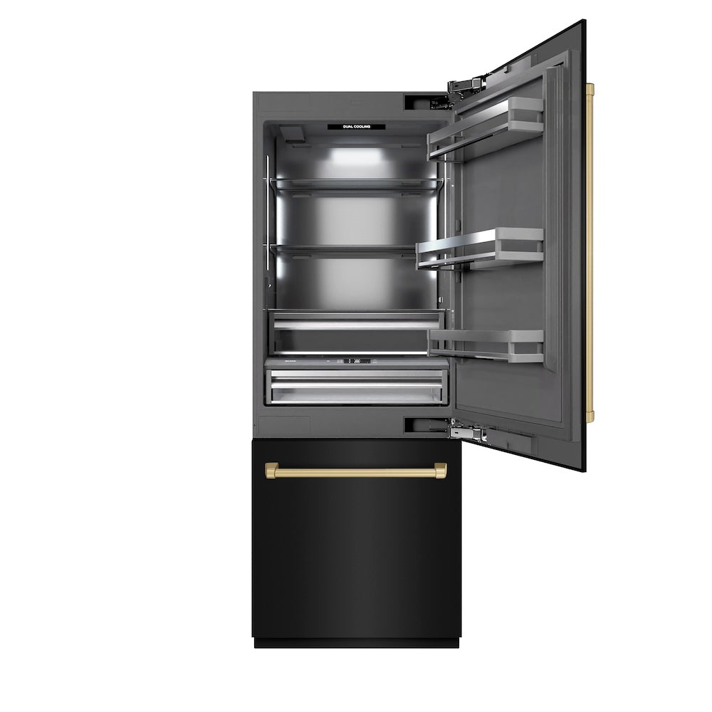 ZLINE Autograph Edition 30-inch refrigerator in black stainless steel with graphite gray interior and champagne bronze accents GRBIVZ-BS-30-CB, front view