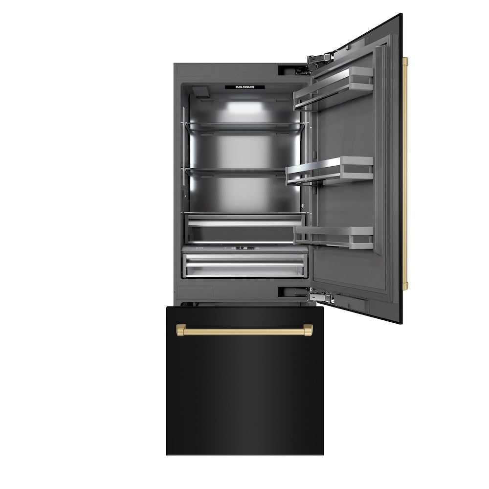 ZLINE Autograph Edition 30-inch refrigerator in black stainless steel with graphite gray interior and champagne bronze accents GRBIVZ-BS-30-CB