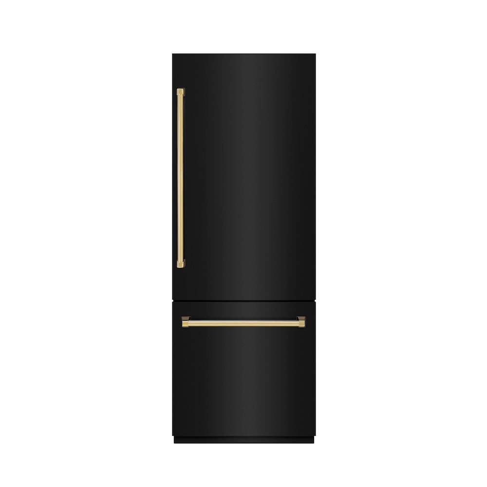 ZLINE Autograph Edition 30-inch refrigerator in black stainless steel with graphite gray interior and polished gold accents GRBIVZ-BS-30-G, front view