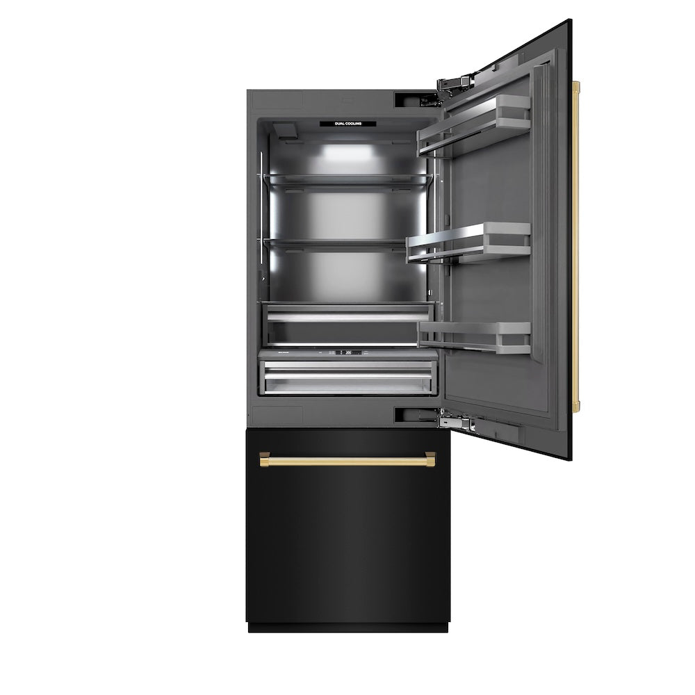 ZLINE Autograph Edition 30-inch refrigerator in black stainless steel with graphite gray interior and polished gold accents GRBIVZ-BS-30-G, front view