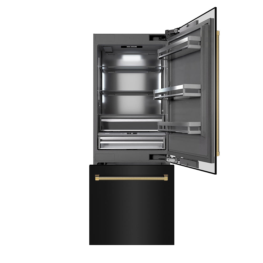 ZLINE Autograph Edition 30-inch refrigerator in black stainless steel with graphite gray interior and polished gold accents GRBIVZ-BS30KG