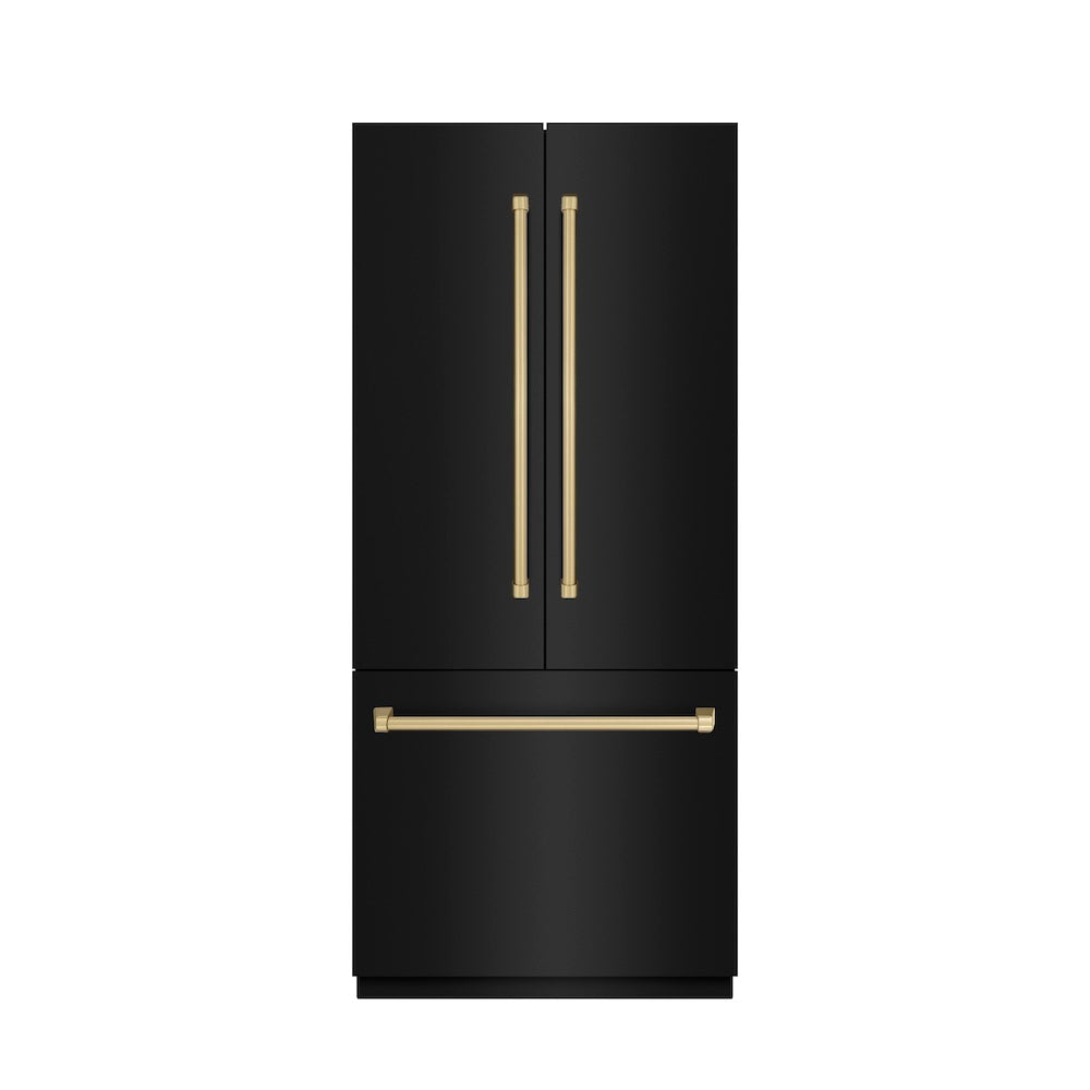 ZLINE Autograph Edition 36-inch refrigerator in black stainless steel with graphite gray interior and champagne bronze accents GRBIVZ-BS-36-CB, front view
