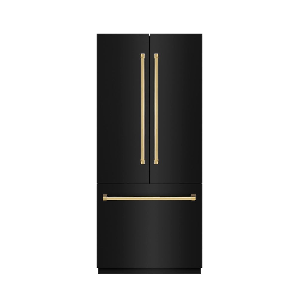 ZLINE Autograph Edition 36-inch refrigerator in black stainless steel with graphite gray interior and polished gold accents GRBIVZ-BS-36-G, front view