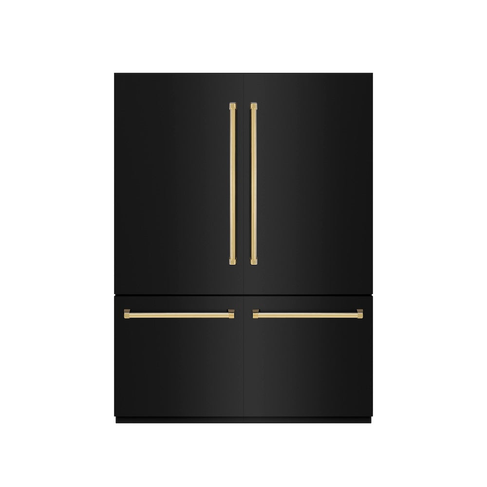 ZLINE Autograph Edition 60-inch refrigerator in black stainless steel with graphite gray interior and polished gold accents GRBIVZ-BS-60-G, front view