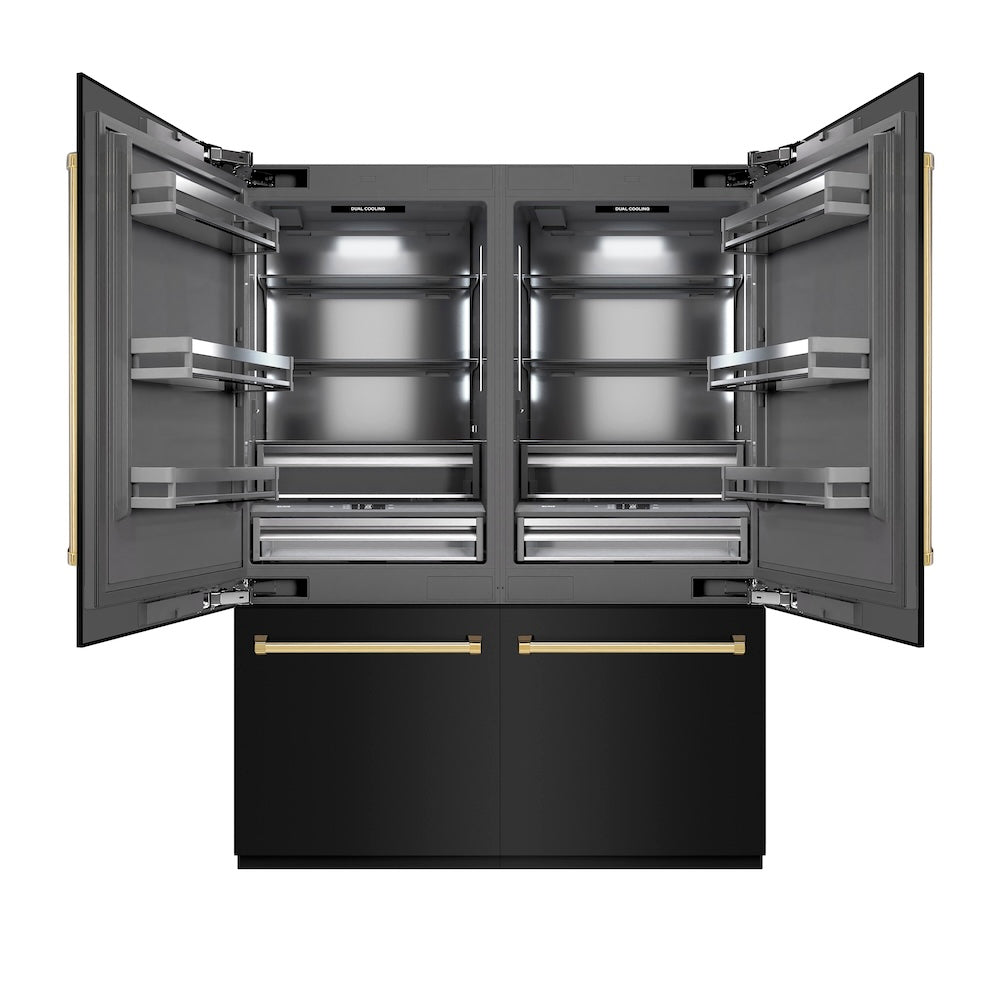 ZLINE Autograph Edition 60-inch refrigerator in black stainless steel with graphite gray interior and polished gold accents GRBIVZ-BS-60-G, front view