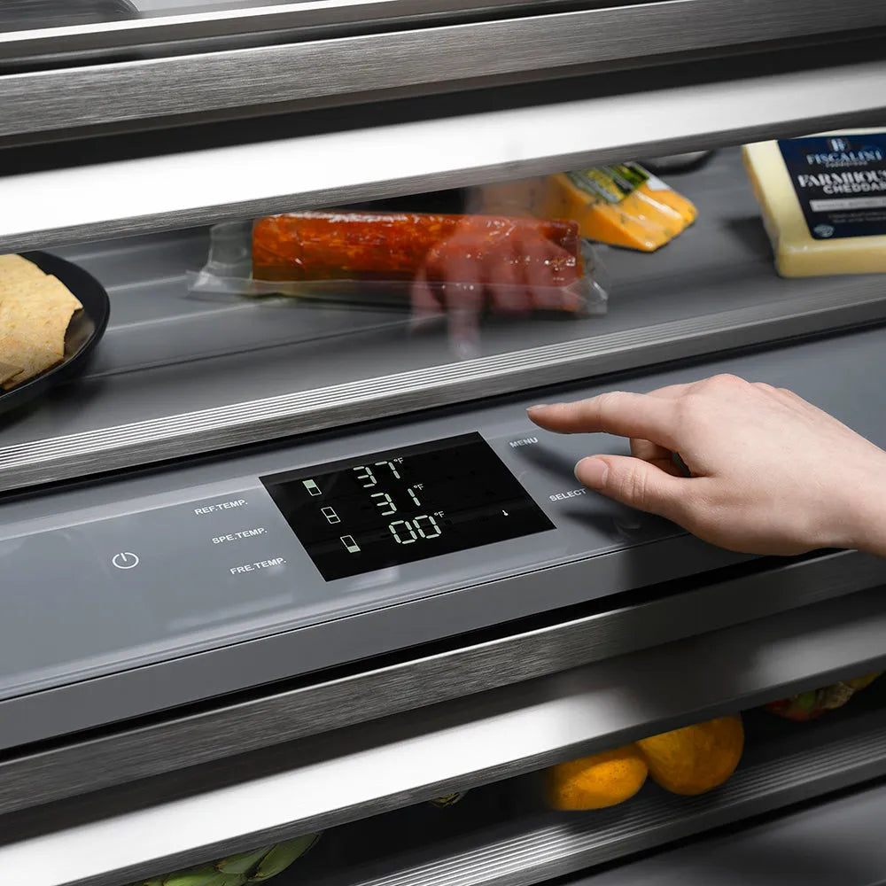 ZLINE Autograph Edition 60-inch refrigerator in black stainless steel with graphite gray interior and polished gold accents GRBIVZ-BS60KG, detail