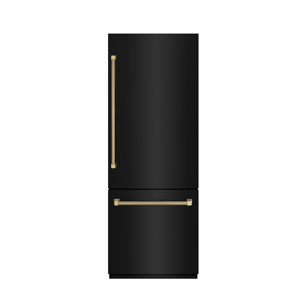 ZLINE Autograph Edition 30-inch refrigerator in black stainless steel with graphite gray interior and champagne bronze accents GRBIVZ-BS30KCB, front view