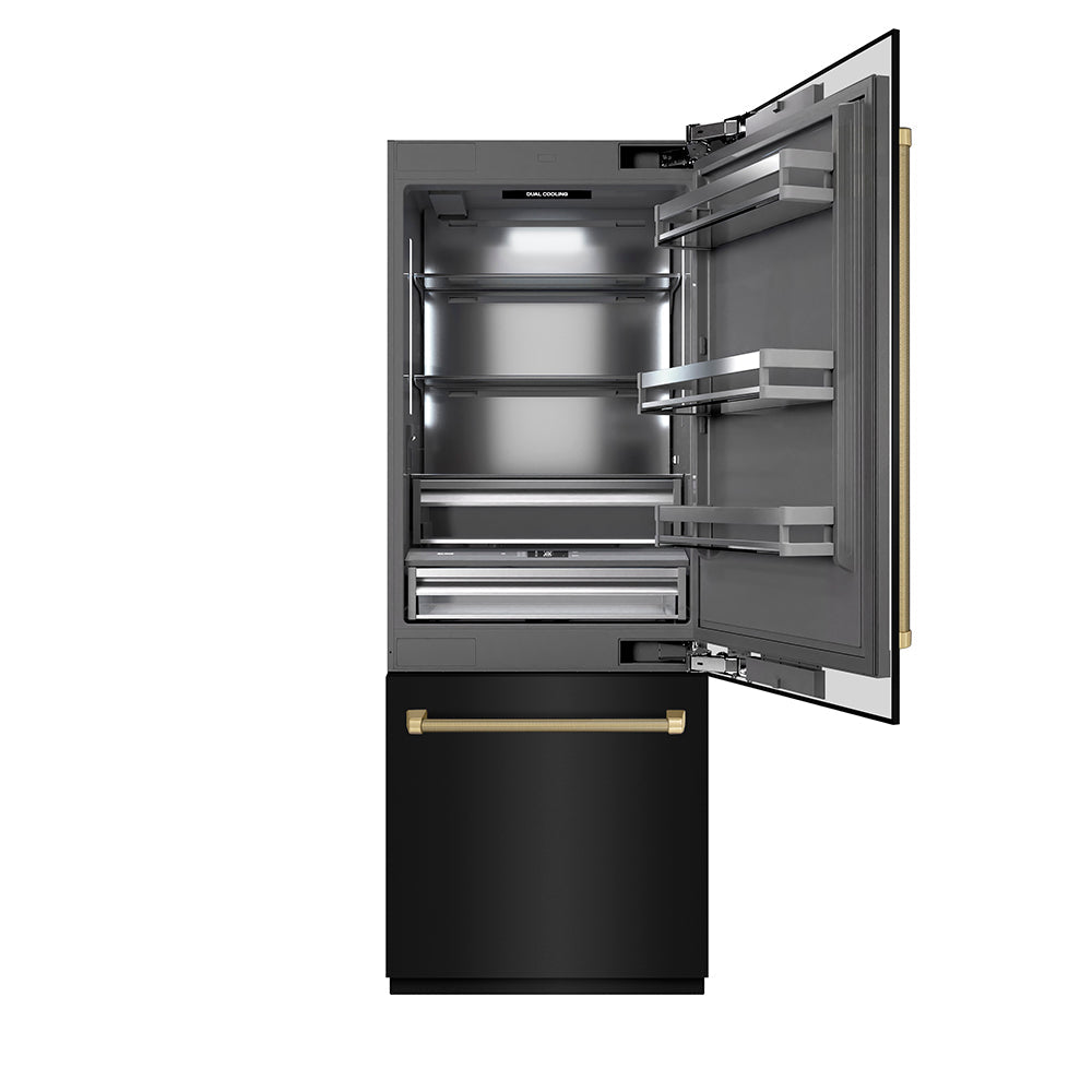 ZLINE Autograph Edition 30-inch refrigerator in black stainless steel with graphite gray interior and champagne bronze accents GRBIVZ-BS30KCB, front view