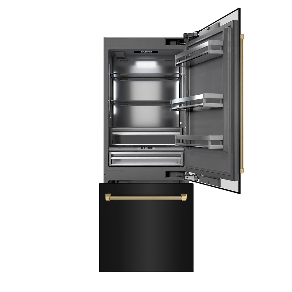 ZLINE Autograph Edition 30-inch refrigerator in black stainless steel with graphite gray interior and champagne bronze accents GRBIVZ-BS30KCB