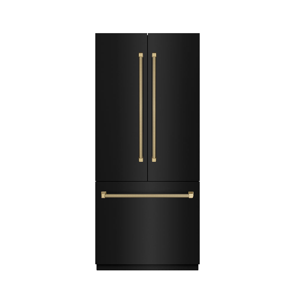ZLINE Autograph Edition 36-inch refrigerator in black stainless steel with graphite gray interior and champagne bronze accents GRBIVZ-BS36KCB, front view