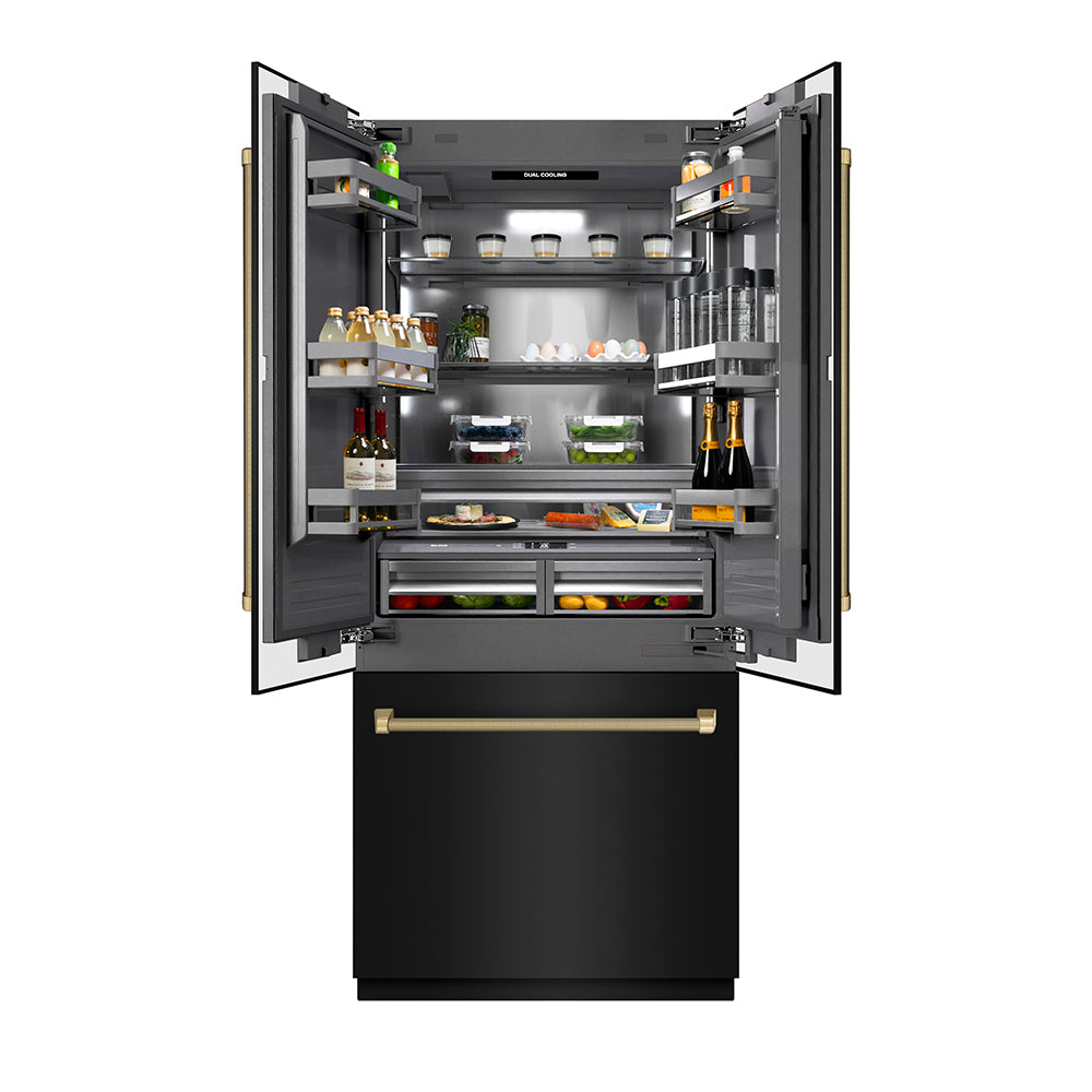 ZLINE Autograph Edition 36-inch refrigerator in black stainless steel with graphite gray interior and champagne bronze accents GRBIVZ-BS36KCB, front view