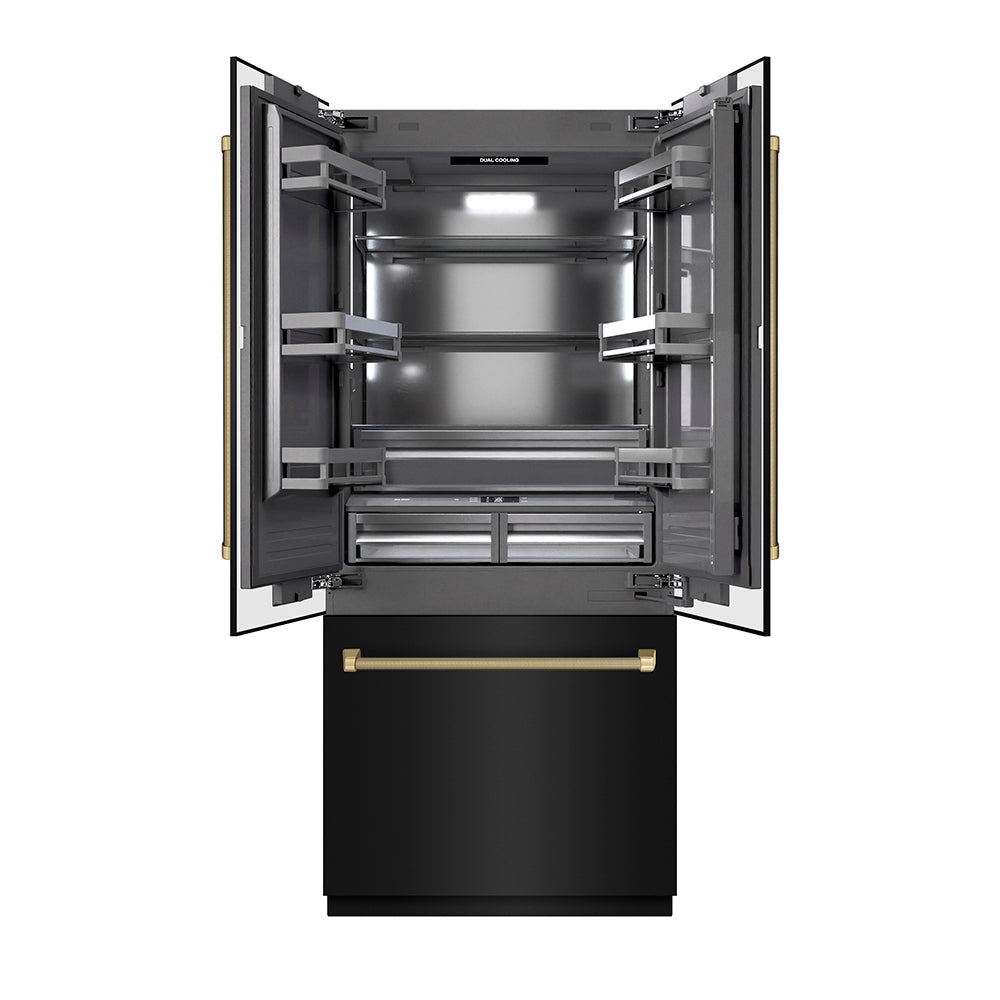 ZLINE Autograph Edition 36-inch refrigerator in black stainless steel with graphite gray interior and champagne bronze accents GRBIVZ-BS36KCB